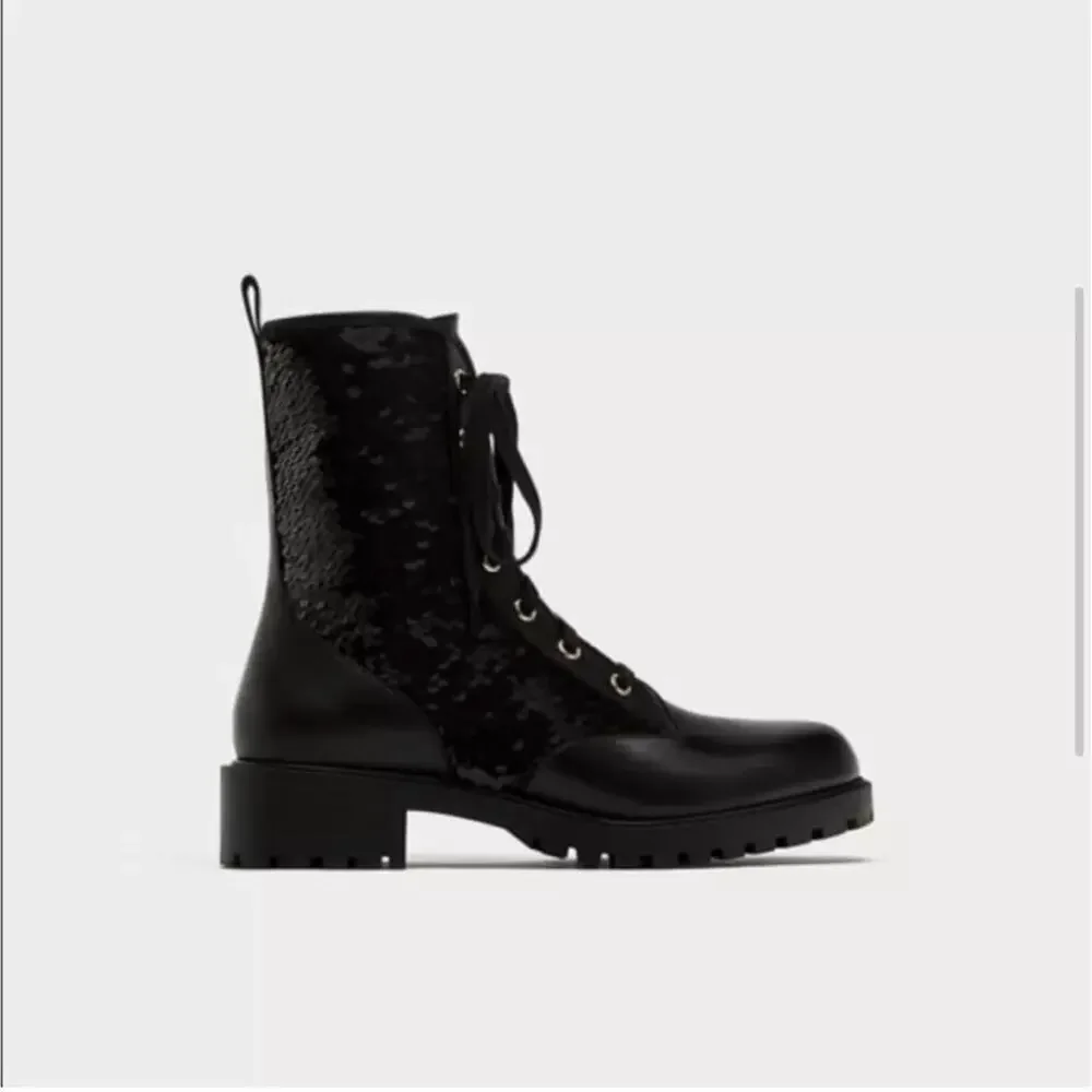 Zara Black Leather Sequined Lace Up Boots Size 6 US
